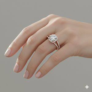 Anillo de compromiso con halo de diamantes y tallo dividido tipo cojín - Product Image 6