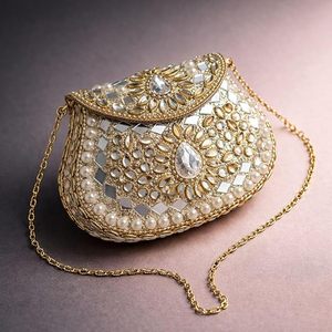 Embellished Women's Clutch Bag with Pearl | Mirror Work and Crystal Detailing | Gold Chain Strap, Evening Purse only for Women & - Product Image 2