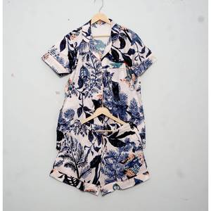 Magnifique robe de nuit d'été courte, ensemble de pyjama pour femmes 100% coton, ensemble de pyjama à manches courtes 3 pièces et shorts, vêtements de détente - Product Image 6