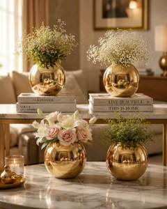 Fusion Style High-Gloss Hammered Finish Metal Accent <b>Vase</b> – Carved <b>Gold</b>-Tone Collar Tabletop Vessel for Luxury Home Staging - Product Image 3