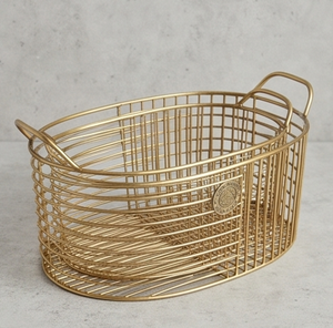 Fine Quality Metal Wire <b>Storage</b> <b>Basket</b> With Handles Elegant Multi Purpose Neatening Organizer <b>Gold</b> Finish - Product Image 1