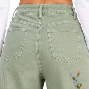 Jean large brodé floral vert sauge pour femme, taille haute, coupe ample vintage, décontracté, mode, personnalisé OEM ODM - Product Image 5