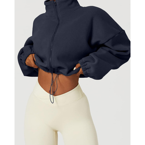 New Arrival <b>Women's</b> <b>Navy</b> Blue Fleece Zip-Up Crop Jacket Stand Collar Full Sleeve Autumn Wear Solid Color Unlined Sweatshirt OEM - Product Image 4