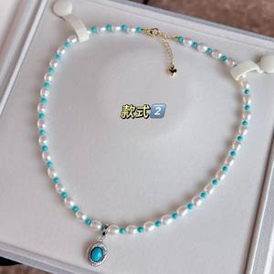 Collier ras du cou en perles d'eau douce naturelles bleu turquoise, couleur contrastée, pendentif bleu, collection de colliers en perles - Product Image 3