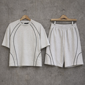Summer Custom Contrast Stitching Piping Mens Heavy <b>Weight</b> 100% Cotton <b>Blank</b> t Shirt and Sweat Shorts Set - Product Image 2