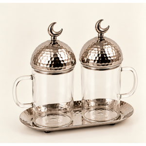 Juego de Jarrones de Vidrio para Decoración de Mesa de Ramadán con Tapa de Metal Plateado Martillado en Forma de Luna Creciente y Bandeja para Servir, Vajilla Islámica Eid Mubarak - Product Image 1