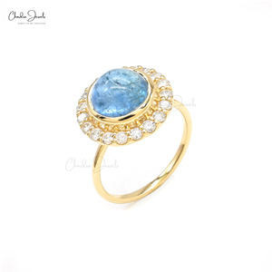 Anillo Clásico Art Deco con Gema de Aguamarina de 10 mm con Bisel y Halo de Diamantes en Oro Amarillo Fino de 14k, Diseño Moderno, Talla US-7 - Product Image 4