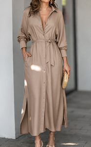 Vestido Camisero Azul Satinado de Verano para Mujer, Cintura Alta, Manga Larga, Cierre de Botones, Maxi Vestido con Bolsillos para Oficina, Talla XL - Product Image 2