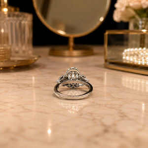 Bague de fiançailles en or blanc 14 carats avec diamant ovale cultivé en laboratoire |   Solitaire avec pierres latérales rondes et en taille trillion |   Bijoux de Mariage de Luxe - Product Image 3