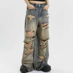 กางเกงยีนส์ทรงตรงสไตล์เรโทรแบบขาดๆ สำหรับผู้ชาย คุณภาพสูง ผลิตตามสั่ง ขายส่ง OEM MOQ ต่ำ ล้างสีแบบแอซิดวอช - Product Image 1