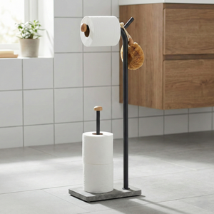 Porte-papier toilette Pristine TS233 au design moderne, mobilier de salle de bain taïwanais, base en MDF à motif marbre, revêtement en poudre métallique - Product Image 1