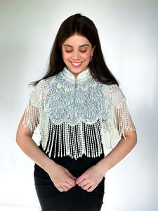 Luxury Gold Hand Embroidered Beaded Fringe Cape Blouse Designer <b>Sequin</b> Tassel Shoulder Collar <b>Top</b> for Wedding & Stage Wear - Product Image 2