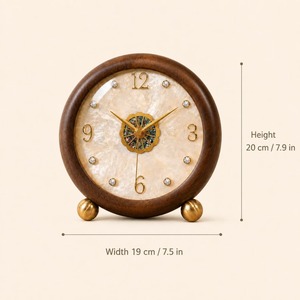 Horloge de bureau circulaire en bois, mouvement à quartz silencieux, design traditionnel, hauteur 20 cm, accents dorés - Product Image 1