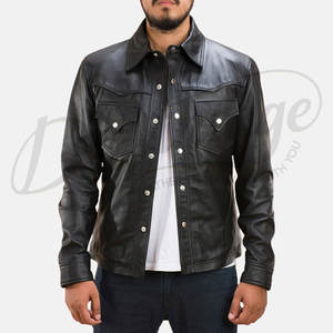 Chaqueta Trucker de Cuero Genuino Negro Premium para Hombre - Abrigo Estilo Western de Piel de Oveja Genuina con Corte Ajustado y Botones a Presión - Product Image 1