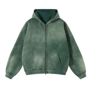 Hoodie Homme Streetwear Personnalisé en Coton Coupe Boxy, Zippé, Oversize, Délavé à l'Acide et à la Pierre, Effet Vintage, Délavé par le Soleil et Usé - Product Image 1