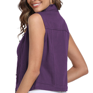 Women's Purple Denim Vest Solid Color Turn-down Collar Button Closure Casual Outer Wear Women's Denim Vest For Sale - Product Image 4