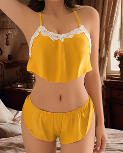 Women Yellow Satin Lounge Set Sleeveless Halter Top Shorts Two Piece Solid Color Summer Sleepwear Elastic Waist Lingerie - Product Image 2