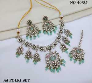 AD Polki Necklace Set With Dangle Earrings And Mangtika <b>Floral</b> AD Necklace Set For Wedding Festive Wear <b>Jewellery</b> Set Wholesaler - Product Image 3