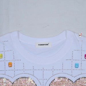 T-shirt blanc à manches courtes pour femme, imprimé cœurs à paillettes, col rond, coupe décontractée, jersey, coupe régulière, 100 % coton - Product Image 5