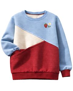 Sudadera Personalizada para Mujer en Bloques de Color Azul Cielo y Rojo, Sudadera Casual de Invierno con Cuello Redondo de Felpa Suave y Detalle de Bordado - Product Image 1