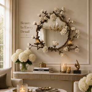 Luxury Floral Metal <b>Wall</b> <b>Mirror</b> with White Rose Accents Vintage Decorative | Round <b>Mirror</b> Elegant Handmade Home Decor Art Piece - Product Image 4