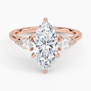 Bague à trois pierres en or 14K/18K avec diamant de laboratoire taille marquise, accent pêche et rond, pour femme, bijoux de luxe pour mariage - Product Image 3