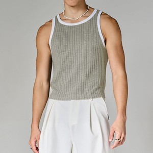 Hot Selling <b>Men</b> Ribbed Knitted Tank Top Solid Color O-Neck Casual Sleeveless Top Gray <b>White</b> Trim Breathable Knit <b>Vest</b> Tank Top - Product Image 1
