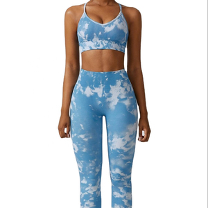 Women's Active Wear <b>Blue</b> Cloud Print Yoga Set High Waist Leggings <b>Crop</b> <b>Top</b> 2 Piece Workout Outfit Sweat Wicking Full Length - Product Image 1