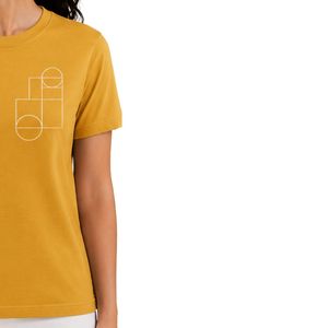 เสื้อยืดลำลองสีเหลืองมัสตาร์ดสำหรับผู้หญิง พิมพ์ลายกราฟิกเรขาคณิต โลโก้สั่งทำได้ แขนสั้น คอกลม แฟชั่นเสื้อท่อนบนสำหรับฤดูร้อน - Product Image 4