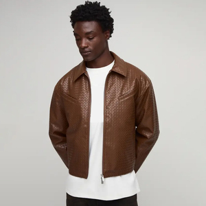 Chaqueta de Cuero Genuino para Hombre, Diseño Tejido en Relieve, Cierre Frontal con Cremallera, Cuello Camisero, Corte Relajado, Logotipo Personalizado, Abrigo Exterior - Product Image 1