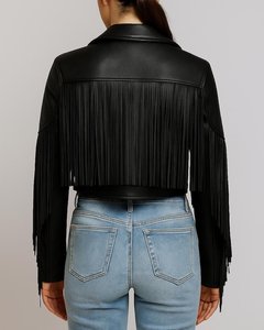 Women's PU Leather <b>Fringe</b> Motorcycle <b>Jacket</b> Solid Color Spread Collar Short Length Full Sleeve Autumn Wear - Product Image 2