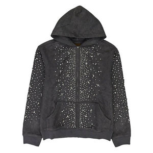 Sudadera con Capucha y Patrón de Puntos de Diamantes de Imitación, Corte Regular, Unisex, Informal, para Otoño, Chaqueta de Algodón Tejido - Product Image 3