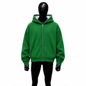 Sudadera con Capucha Verde para Hombre, Cierre de Cremallera, Corte Regular, Color Sólido, Forro Polar, con Bolsillo Delantero, para Otoño, de Algodón - Product Image 1