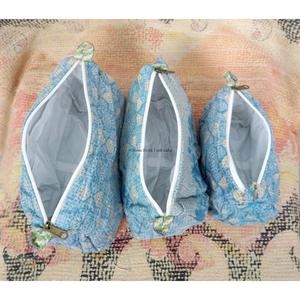 Indian kantha hand block print cotton cosmetic bag Makeup pouch set of three Accessory case Women's travel bag Handmade Kantha - Product Image 5