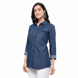 Chemise en jean pour femmes, manches longues, col rabattu, couleur unie, haut décontracté avec poches, vêtements d'automne - Product Image 1