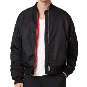 <b>Men's</b> Black Bomber <b>Jacket</b> Solid Color Stand Collar Zipper Closure Casual Autumn Wear Regular Fit Polyester Material - Product Image 3