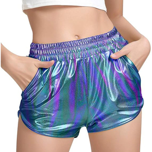 Holographic Shorts Women Purple Blue Green Iridescent Wide Elastic Waist Side Pocket Rainbow Shimmer Rave - Product Image 1