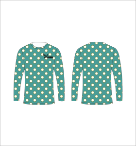 Maillot de sport personnalisé à manches longues en sublimation, léger, avec motif à pois bleu sarcelle et crème – Fournisseur de vêtements en gros - Product Image 1