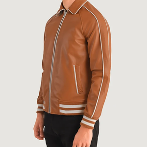 <b>Men's</b> Brown PU <b>Bomber</b> <b>Jacket</b> Turn-Down Collar Zipper Closure Casual Autumn Wear Regular Fit Solid Color Woven Shell - Product Image 3