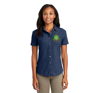 AKA Denim Crest Shirt Women Short Sleeve Button Down Embroidered AKA Casual Denim <b>Top</b> <b>Navy</b> Blue Greek Sorority Wear - Product Image 1