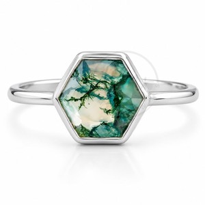 Bague hexagonale en argent sterling 925 avec agate mousse naturelle, sertie à la main, pierre précieuse dendritique verte, bijoux en gros - Product Image 1