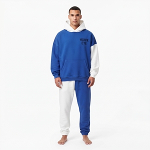 Ensemble sweat à capuche et jogging color block de haute qualité, bleu et blanc contrastés, coupe ample, manches longues, survêtement décontracté avec logo imprimé sur le devant - Product Image 1