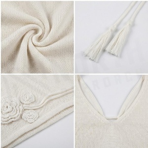 Women Knitted Halter Swimdress With 3D Flower Embroidery And Lace Up Detail Solid Color Stretchy <b>Skirt</b> Style - Product Image 4
