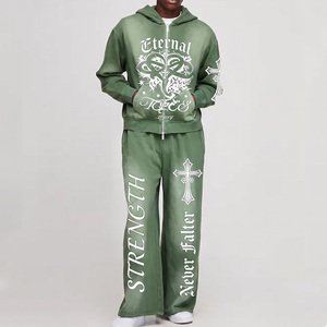 Ensemble de survêtement vert à capuche pour homme Eternal Legacy, en coton, coupe ample, avec fermeture éclair intégrale, style streetwear, pour l'automne - Product Image 1