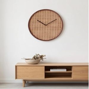 Rattan Quartz Scandinavian <b>Round</b> Woven Pendulum Wall Clock Brown Decorative for Living Room Bedroom Office - Product Image 2
