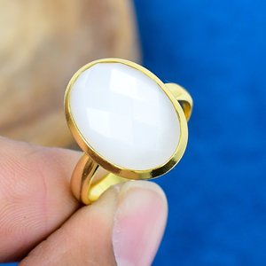 Natural White <b>Moonstone</b> Oval Shape Gemstone <b>Rings</b> 18k Gold Micron 925 Sterling Silver - Product Image 1