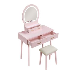 Bellissima Toeletta Rosa con Specchio e Sgabello, Set di Mobili per Camera da Letto con Cassetti Portaoggetti, Vanità per il Trucco - Product Image 4