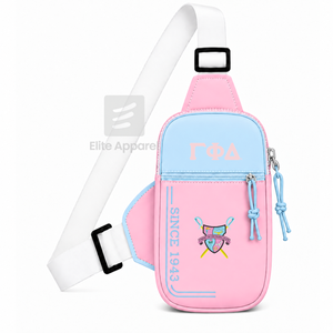 กระเป๋าคาดเอว Gamma Phi Delta Sorority แบบสั่งทำพิเศษ พร้อมโลโก้ปักด้านหน้า สีฟ้าชมพู ปิดด้วยซิป ใช้ได้ทุกวันสำหรับผู้หญิง - Product Image 1