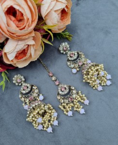 Heavy Ethnic CZ Studded Bridal Choker <b>Set</b> With Pearl Drop Accents Matching Earrings & Mangtika Antique <b>Gold</b> Plated <b>Jewellery</b> <b>Set</b> - Product Image 3