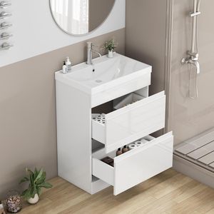 Mobile Bagno Autoportante da 24 Pollici a Montaggio Rapido con Lavabo e Chiusura Ammortizzata, 2 Cassetti - Product Image 4